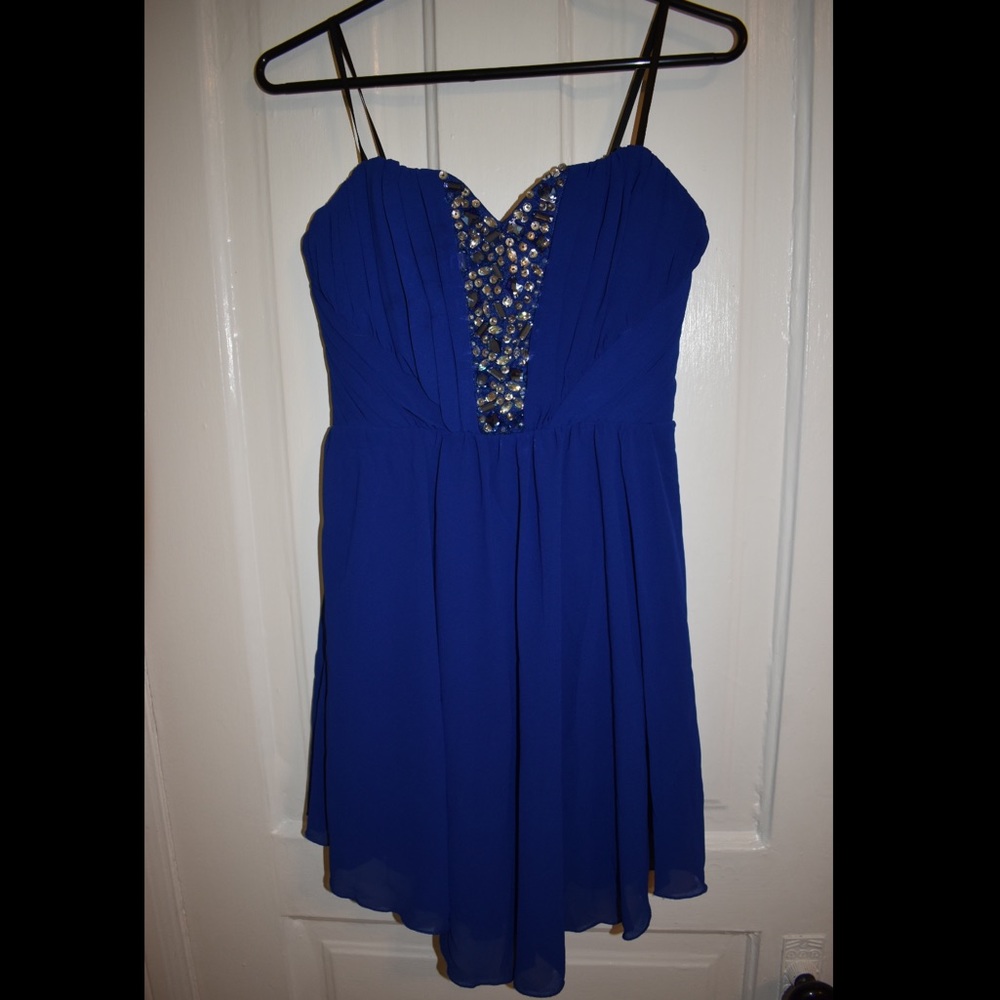 Blue cocktail dress with jeweled front